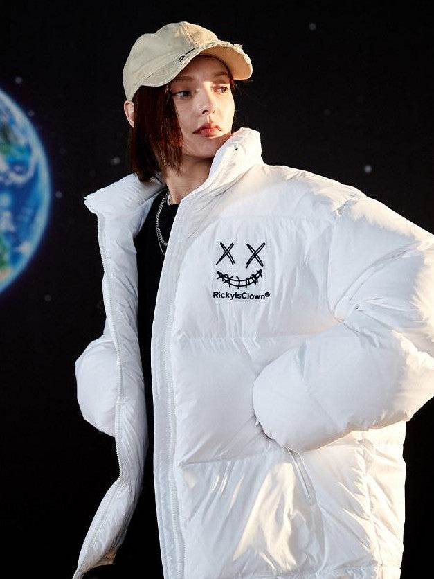 RickyisClown Clown Handwritten 3d Embroidered Loose Fit Men's Puffer Down Jackets