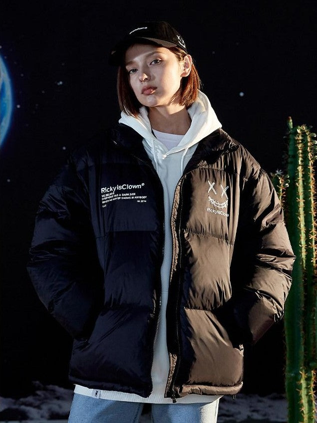 RickyisClown Clown Handwritten 3d Embroidered Loose Fit Men's Puffer Down Jackets