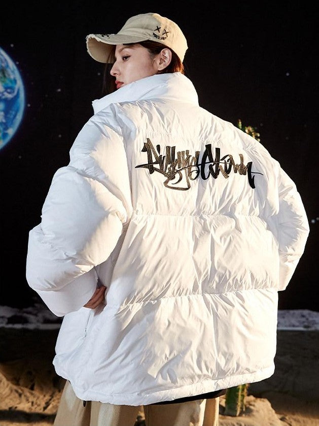 RickyisClown Clown Handwritten 3d Embroidered Loose Fit Men's Puffer Down Jackets