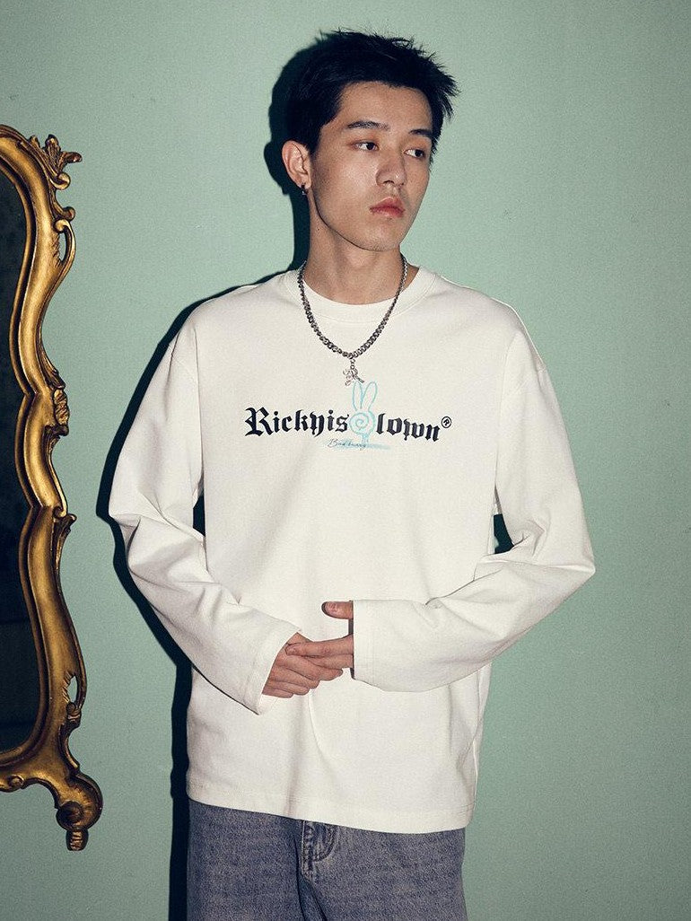 RickyisClown Clown Rabbit Print Dropped Shoulder Loose Fit Men's Cotton Long Sleeve T-shirts