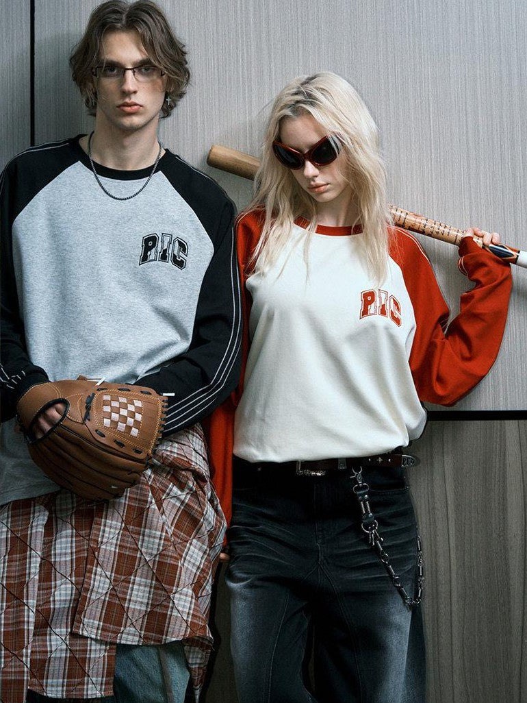 RickyisClown Colorblock Applique Embroidery Patchwork Raglan Men's Cotton Long Sleeve T-shirts