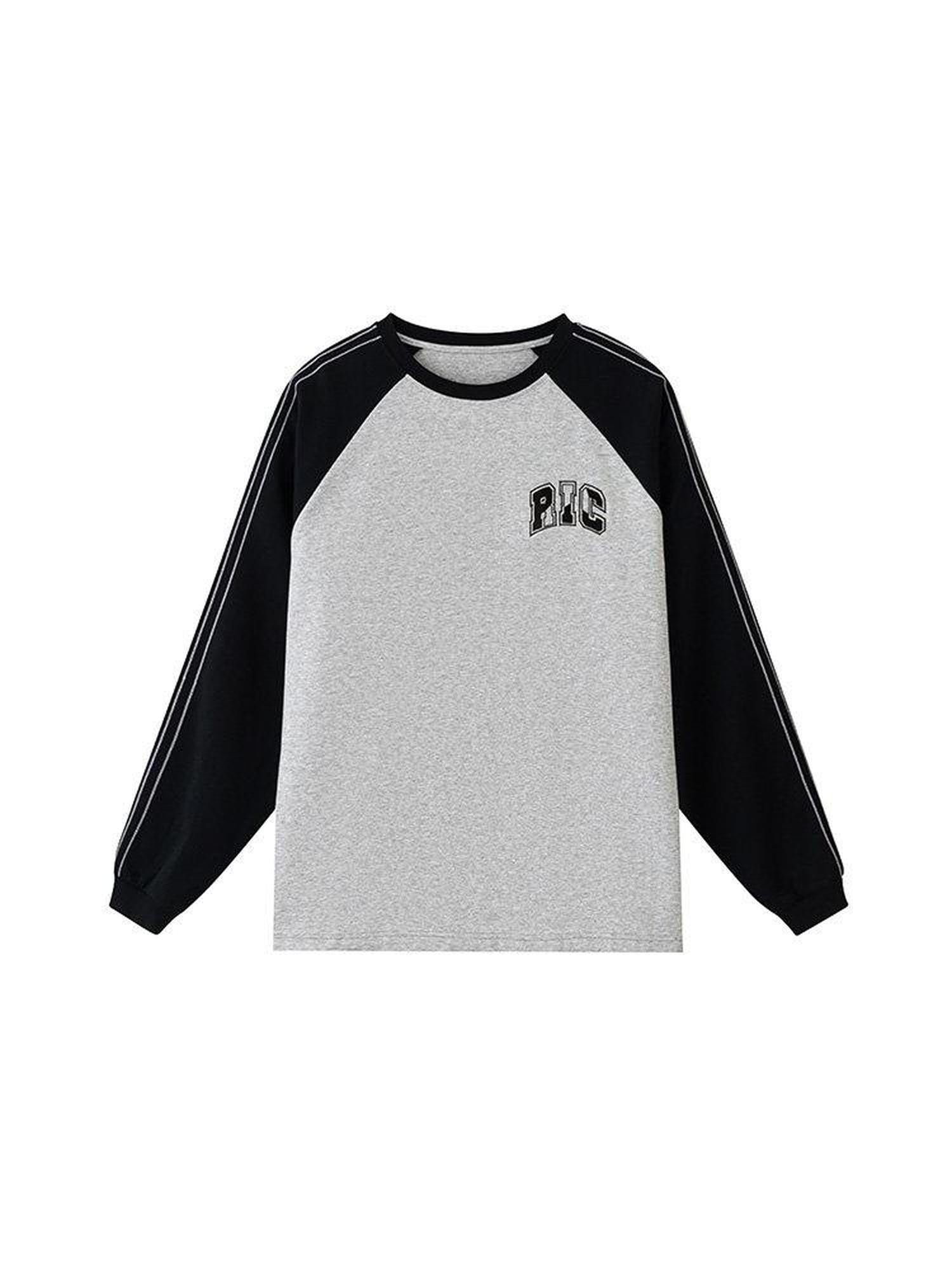 RickyisClown Colorblock Applique Embroidery Patchwork Raglan Men's Cotton Long Sleeve T-shirts