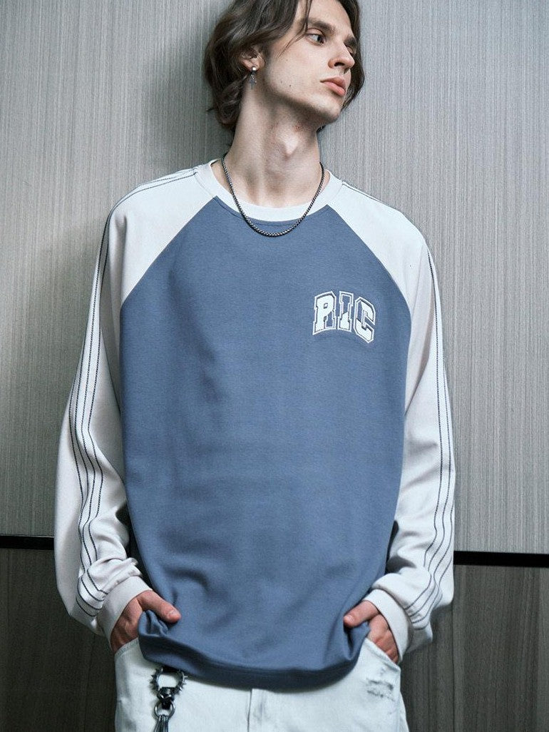 RickyisClown Colorblock Applique Embroidery Patchwork Raglan Men's Cotton Long Sleeve T-shirts