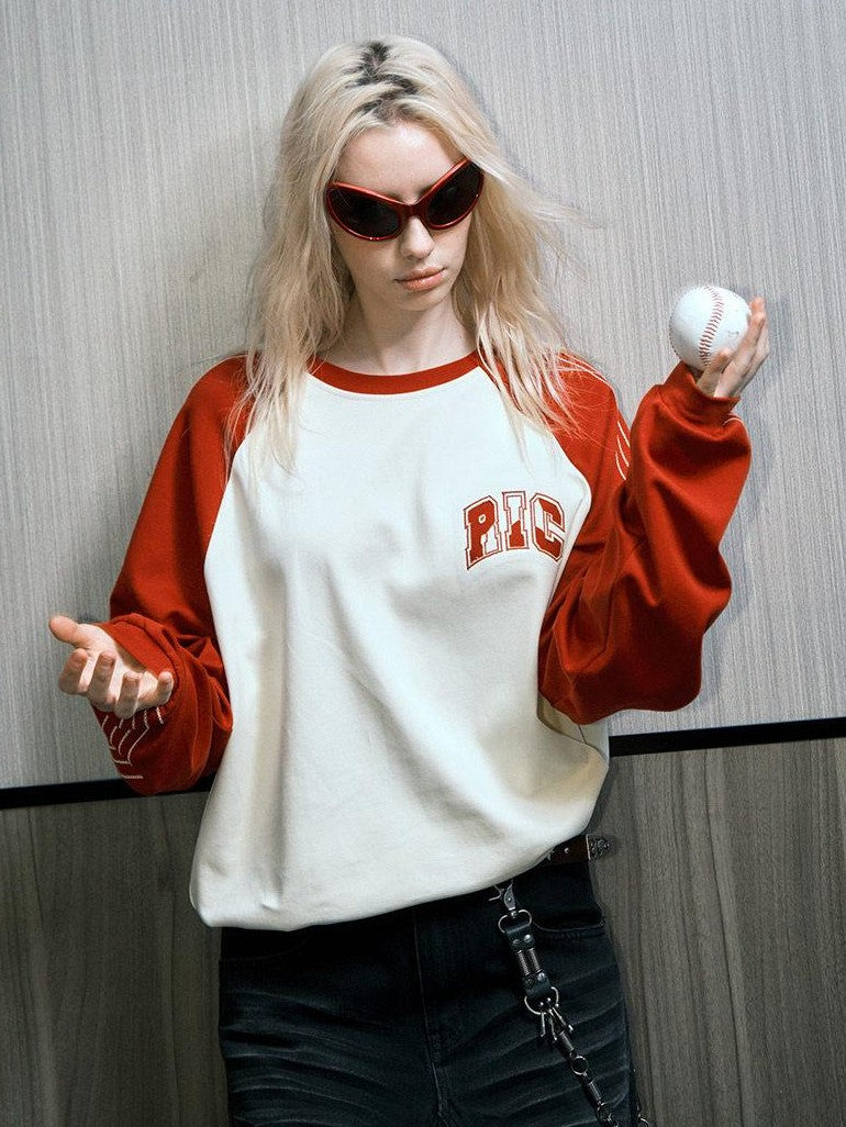 RickyisClown Colorblock Applique Embroidery Patchwork Raglan Men's Cotton Long Sleeve T-shirts