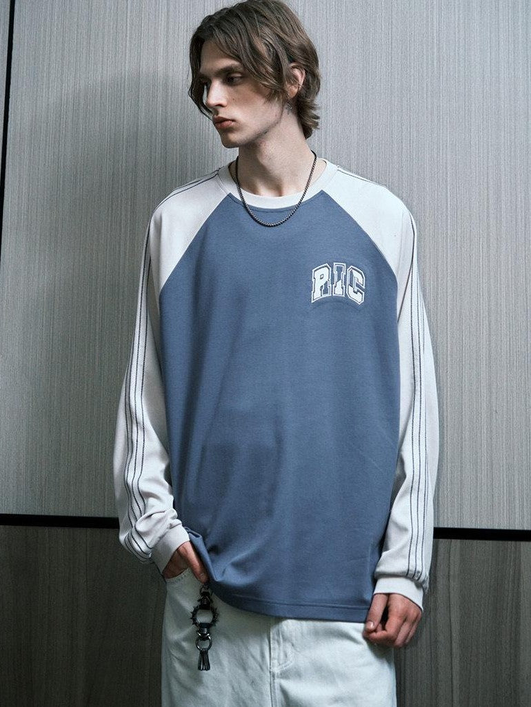 RickyisClown Colorblock Applique Embroidery Patchwork Raglan Men's Cotton Long Sleeve T-shirts