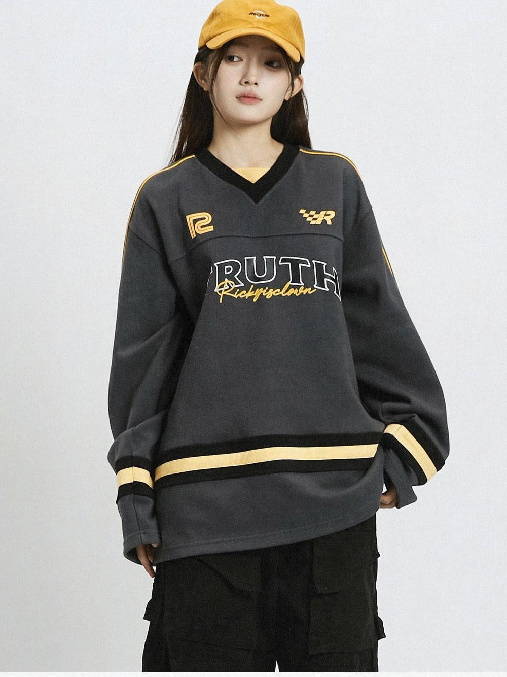 RickyisClown Colorblock Double Collar Spliced V-neck Men's Cotton Blend Pullover Hoodies