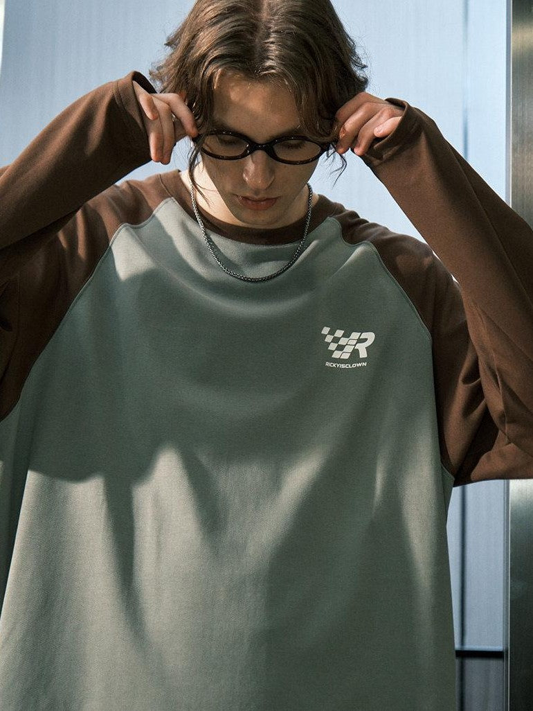 RickyisClown Colorblock Raglan Crew Neck Loose Casual Men's Long Sleeve T-shirts