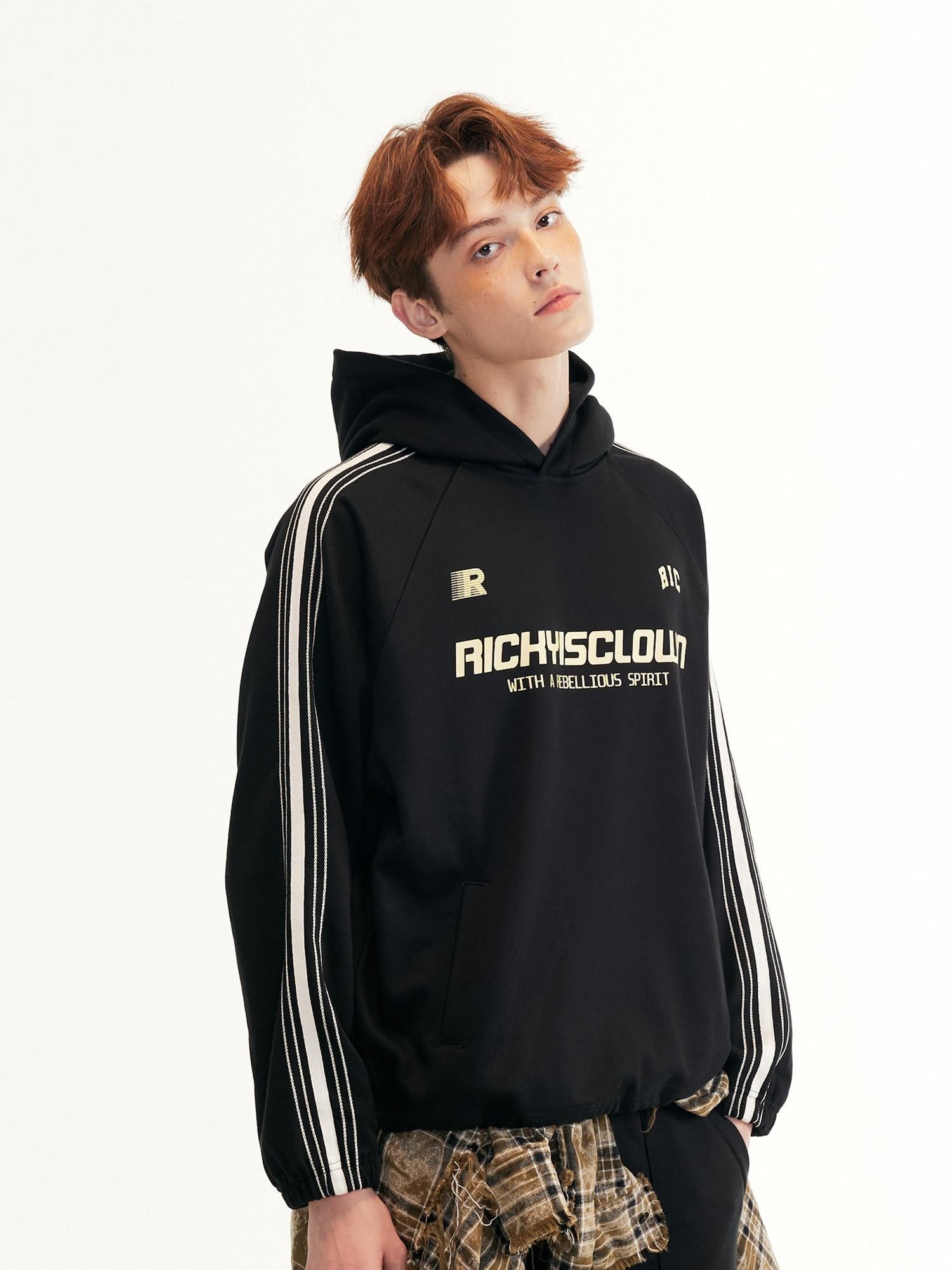 RickyisClown Colorblock Webbing Chain Embroidered Hooded Men's Cotton Blend Pullover Hoodies