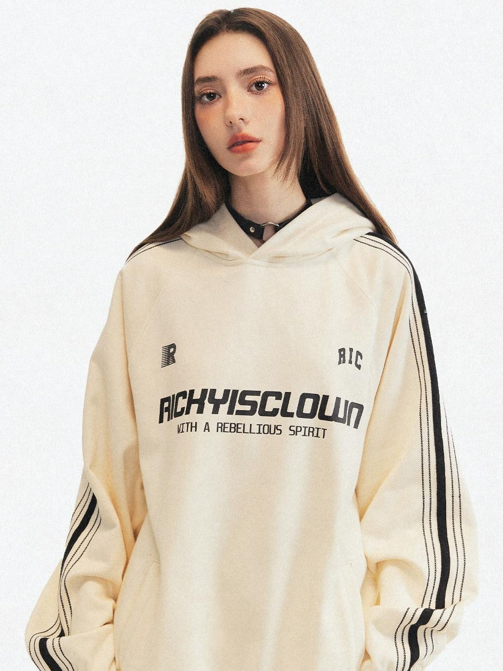 RickyisClown Colorblock Webbing Chain Embroidered Hooded Men's Cotton Blend Pullover Hoodies