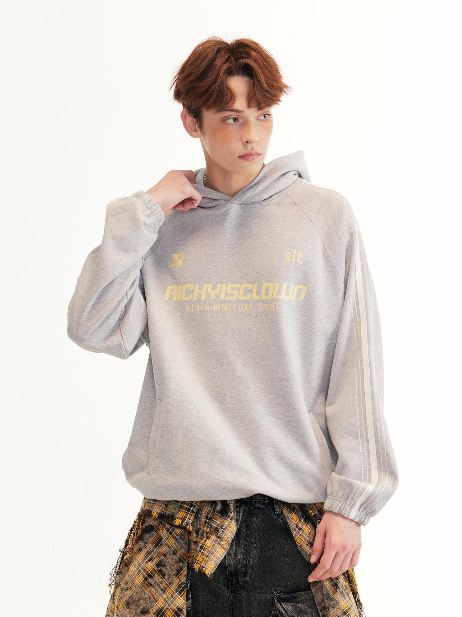 RickyisClown Colorblock Webbing Chain Embroidered Hooded Men's Cotton Blend Pullover Hoodies