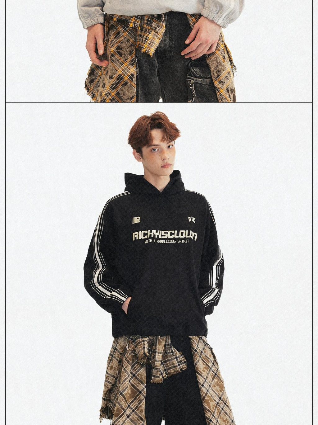 RickyisClown Colorblock Webbing Chain Embroidered Hooded Men's Cotton Blend Pullover Hoodies