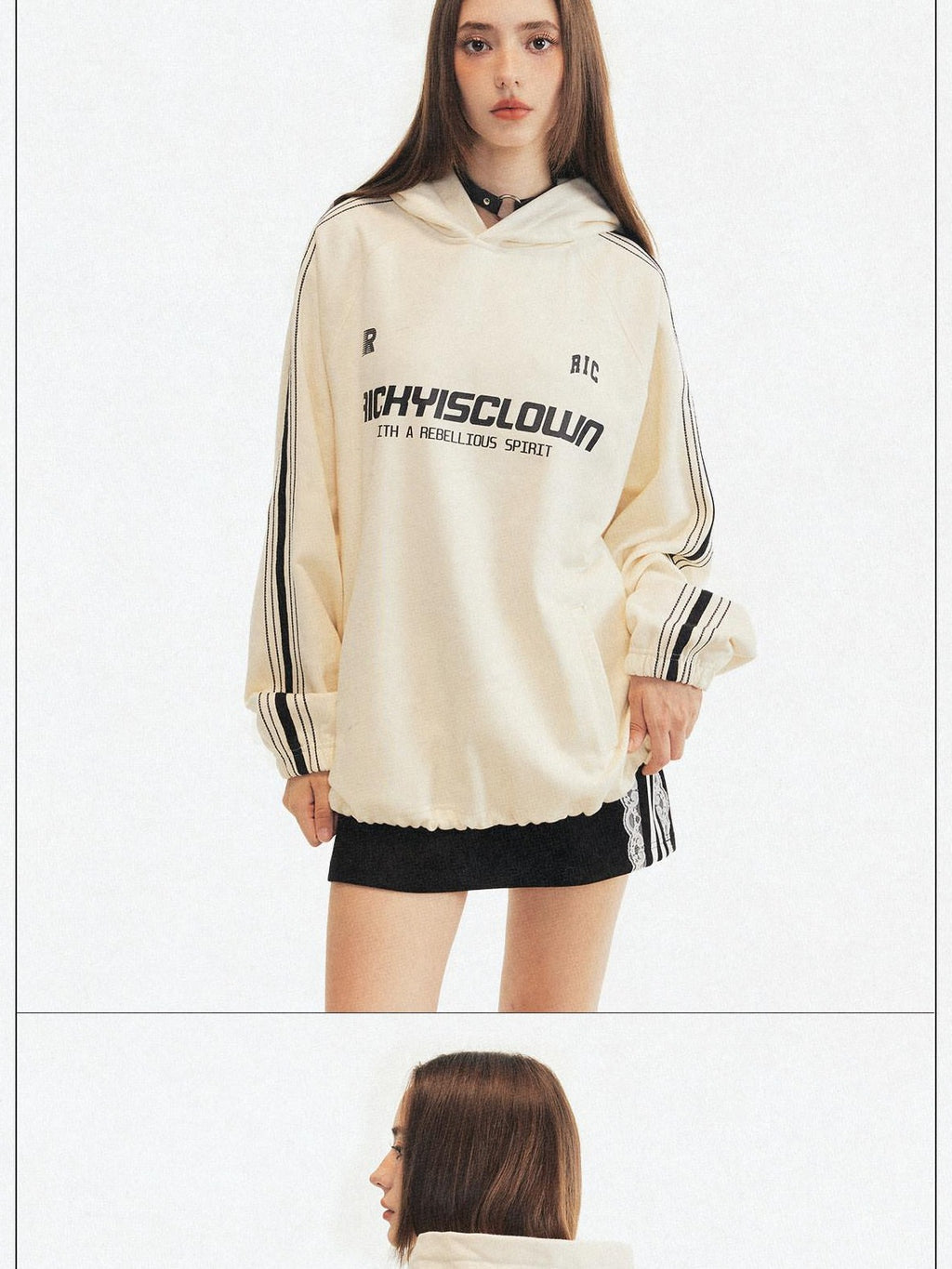 RickyisClown Colorblock Webbing Chain Embroidered Hooded Men's Cotton Blend Pullover Hoodies