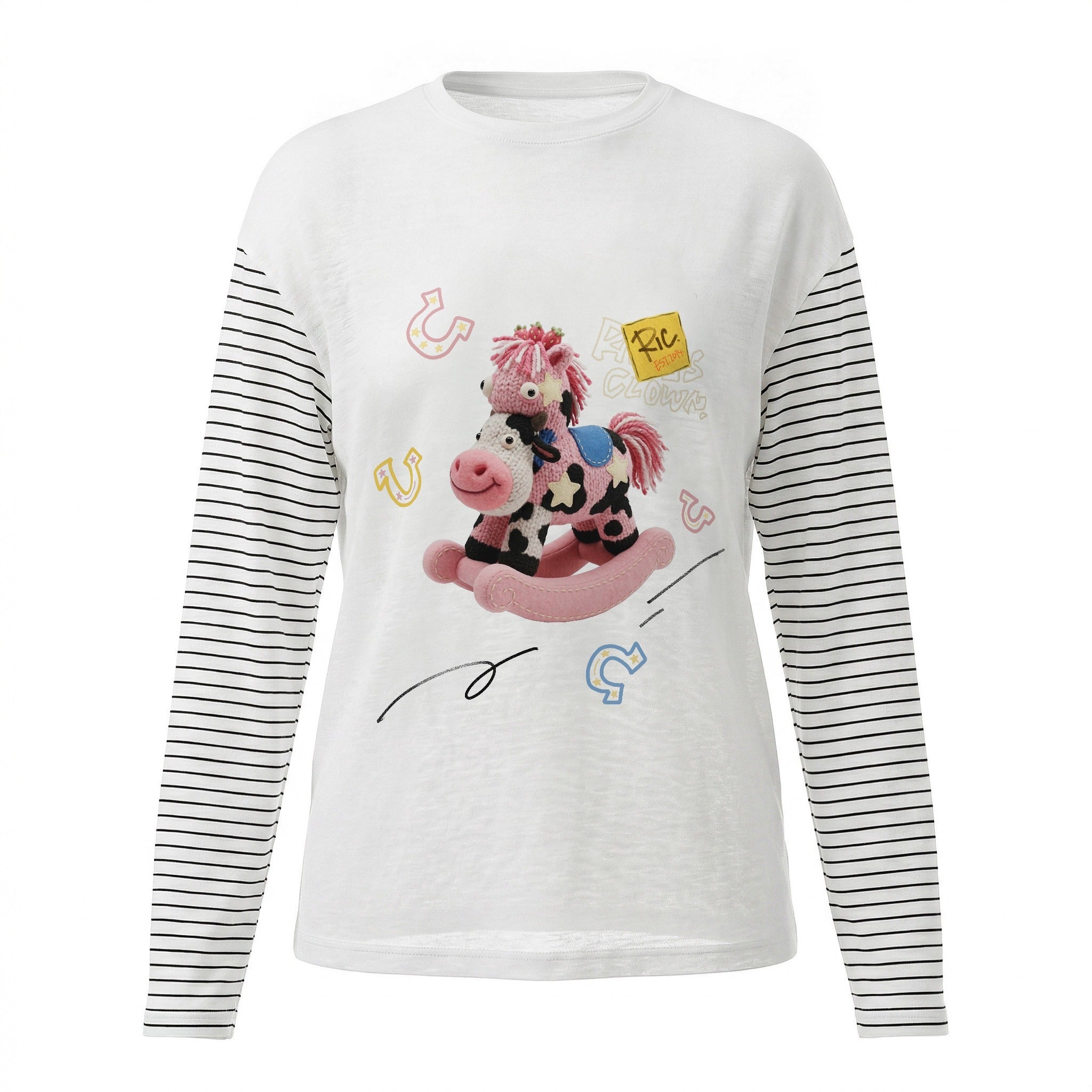 RickyisClown_Colorful_Pony_Print_Spliced_Stripes_Men's_Breathable_Long_Sleeve_T-shirts_MISSTT