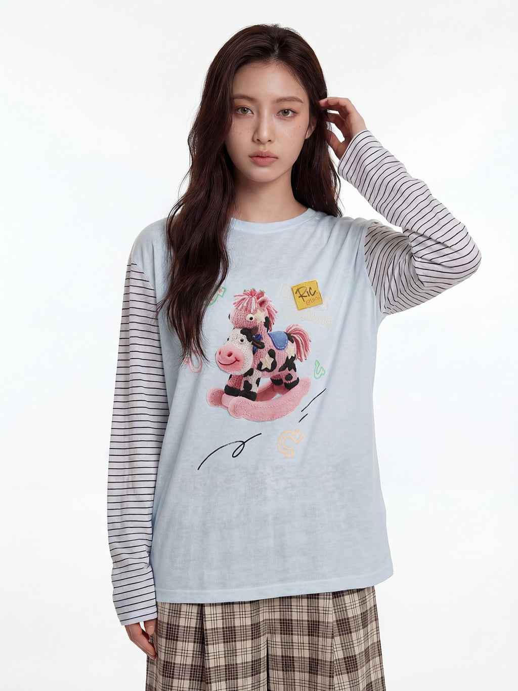 RickyisClown Colorful Pony Print Spliced Stripes Men's Breathable Long Sleeve T-shirts