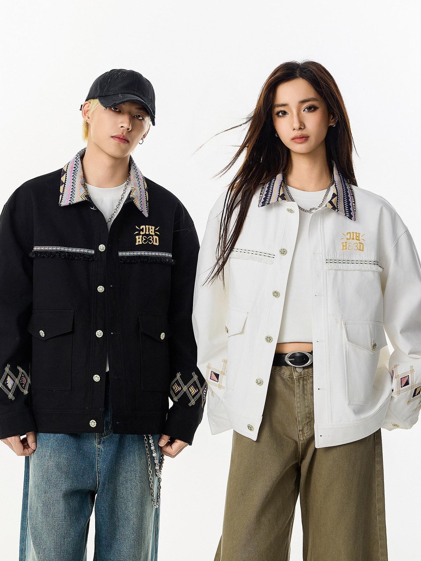 RickyisClown Contrast Collar Ethnic Flap Pocket Men's Cotton Utility Jackets