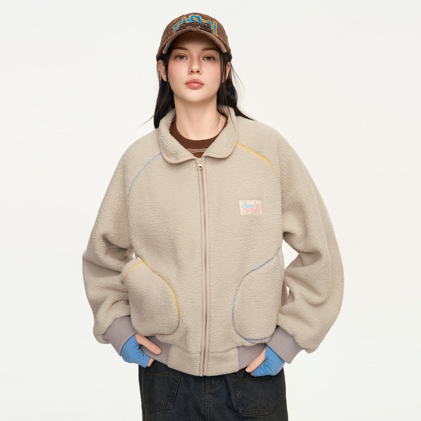 RickyisClown_Contrast_Topstitched_Exposed_Patch_Pocket_Zipper_Men's_Polyester_Fleece_Jackets_MISSTT
