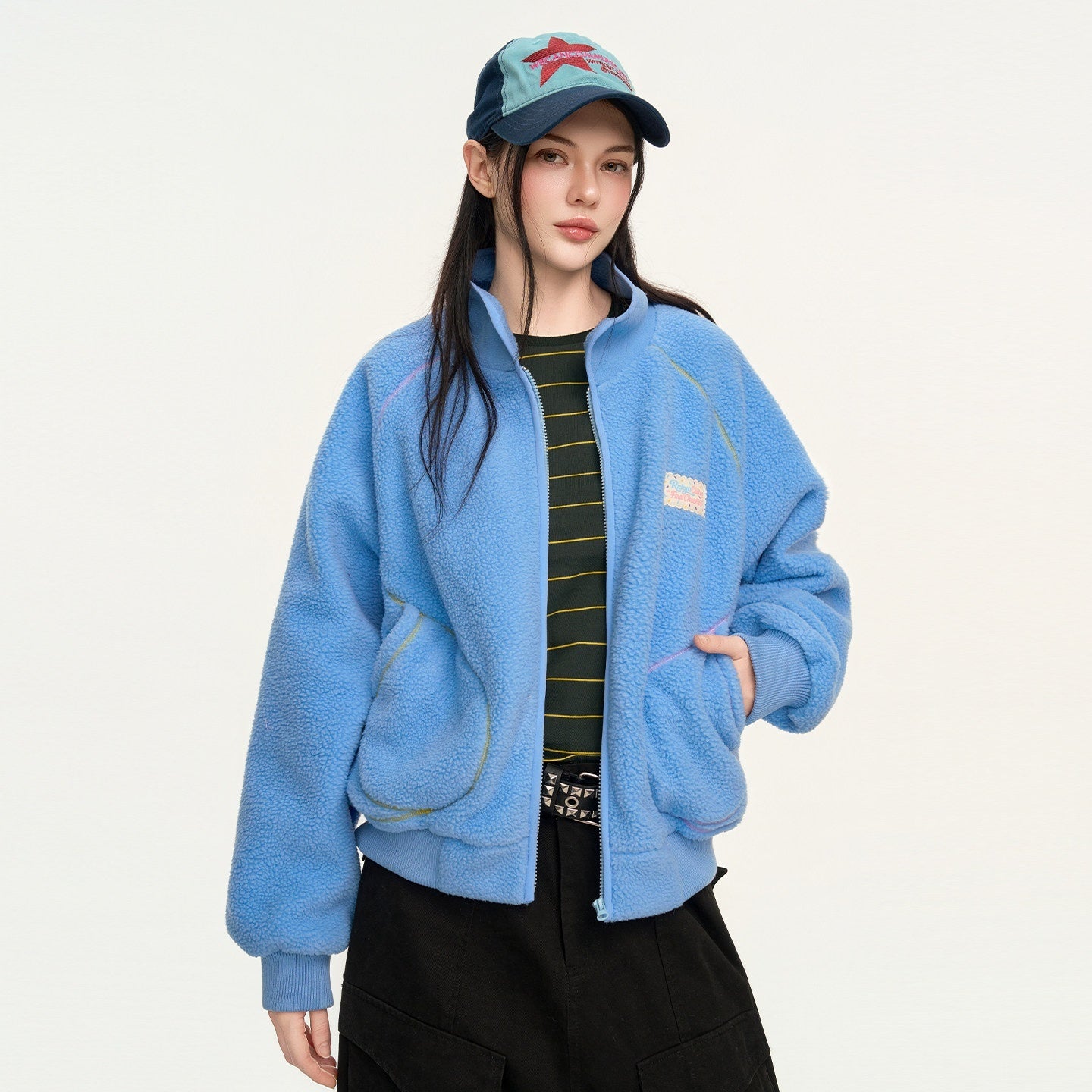 RickyisClown_Contrast_Topstitched_Exposed_Patch_Pocket_Zipper_Men's_Polyester_Fleece_Jackets_MISSTT