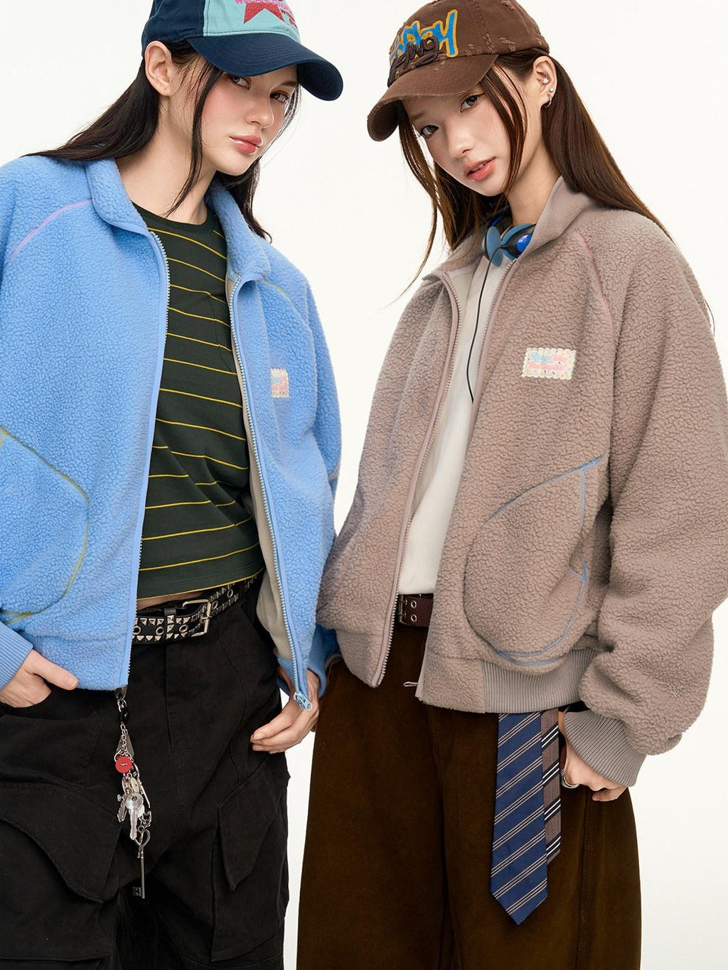 RickyisClown Contrast Topstitched Exposed Patch Pocket Zipper Men's Polyester Fleece Jackets