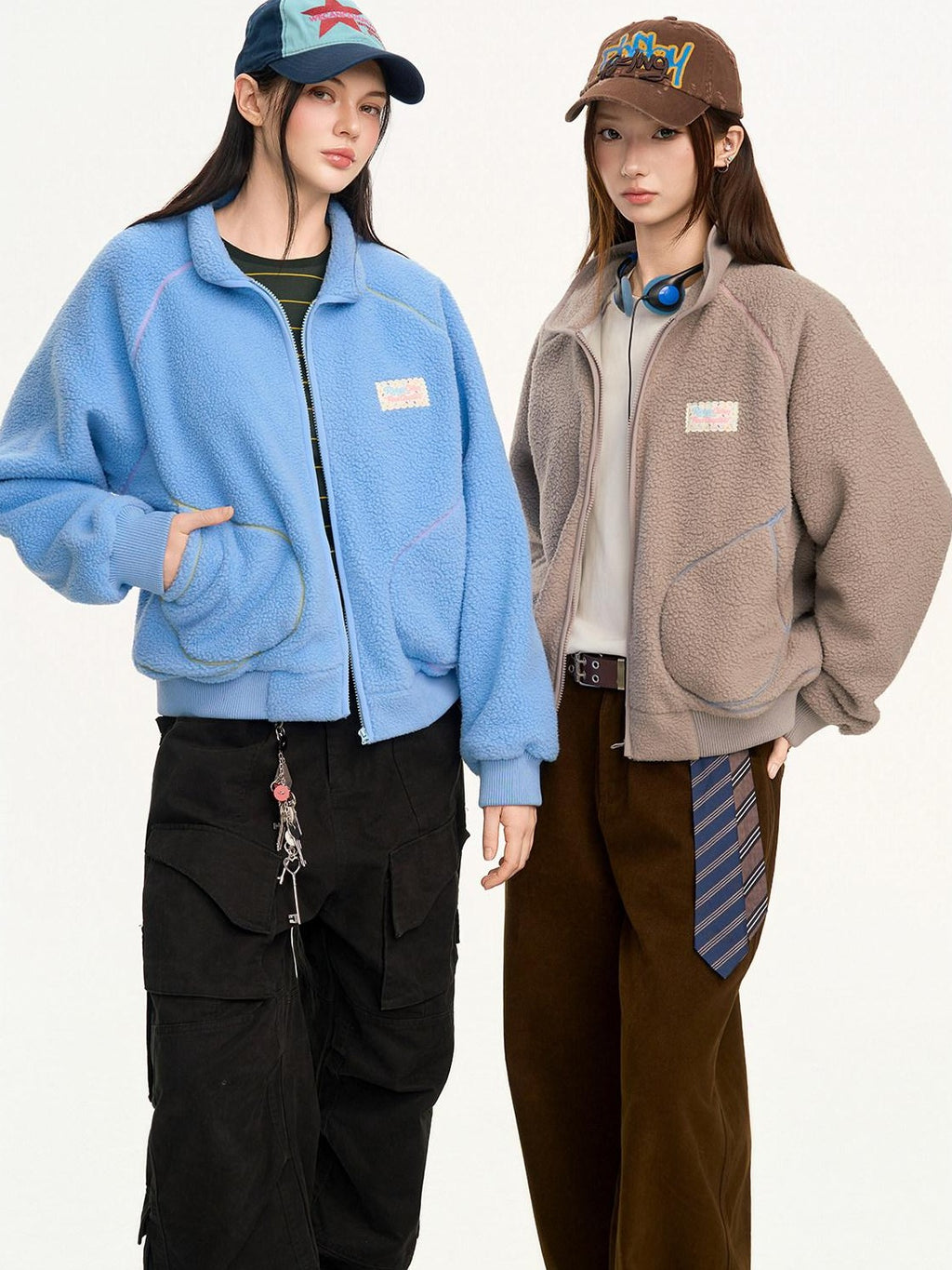 RickyisClown Contrast Topstitched Exposed Patch Pocket Zipper Men's Polyester Fleece Jackets