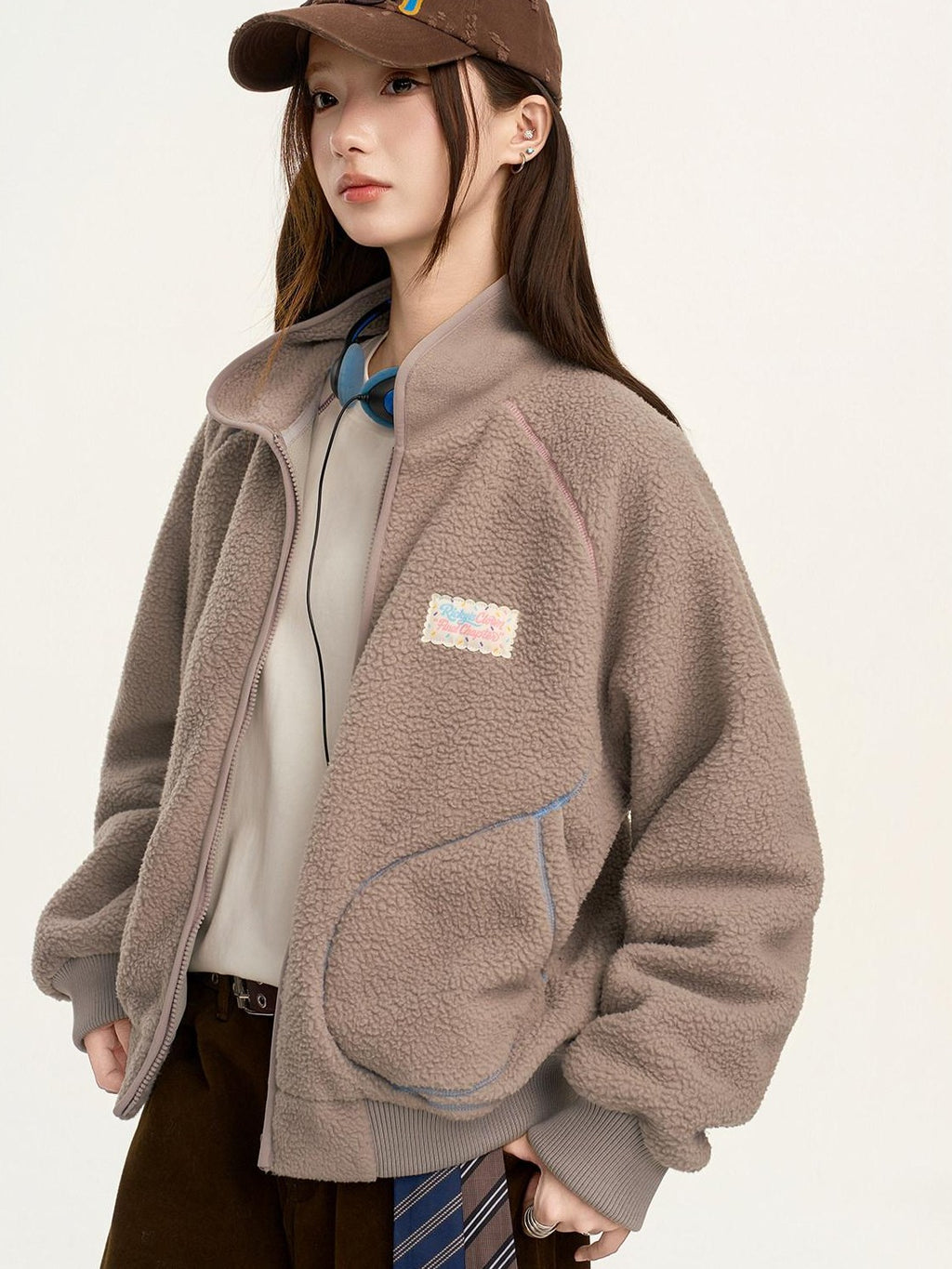 RickyisClown Contrast Topstitched Exposed Patch Pocket Zipper Men's Polyester Fleece Jackets