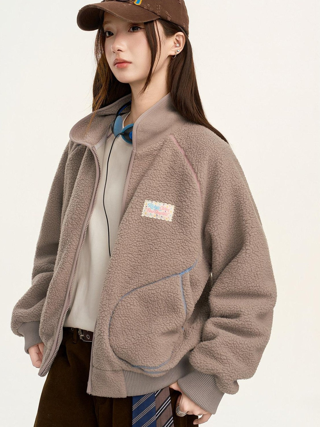 RickyisClown Contrast Topstitched Exposed Patch Pocket Zipper Men's Polyester Fleece Jackets