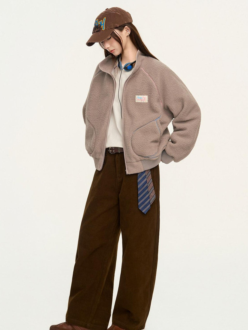 RickyisClown Contrast Topstitched Exposed Patch Pocket Zipper Men's Polyester Fleece Jackets