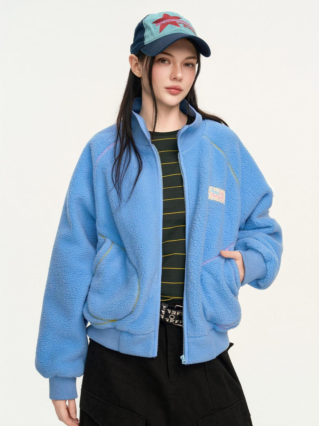 RickyisClown Contrast Topstitched Exposed Patch Pocket Zipper Men's Polyester Fleece Jackets
