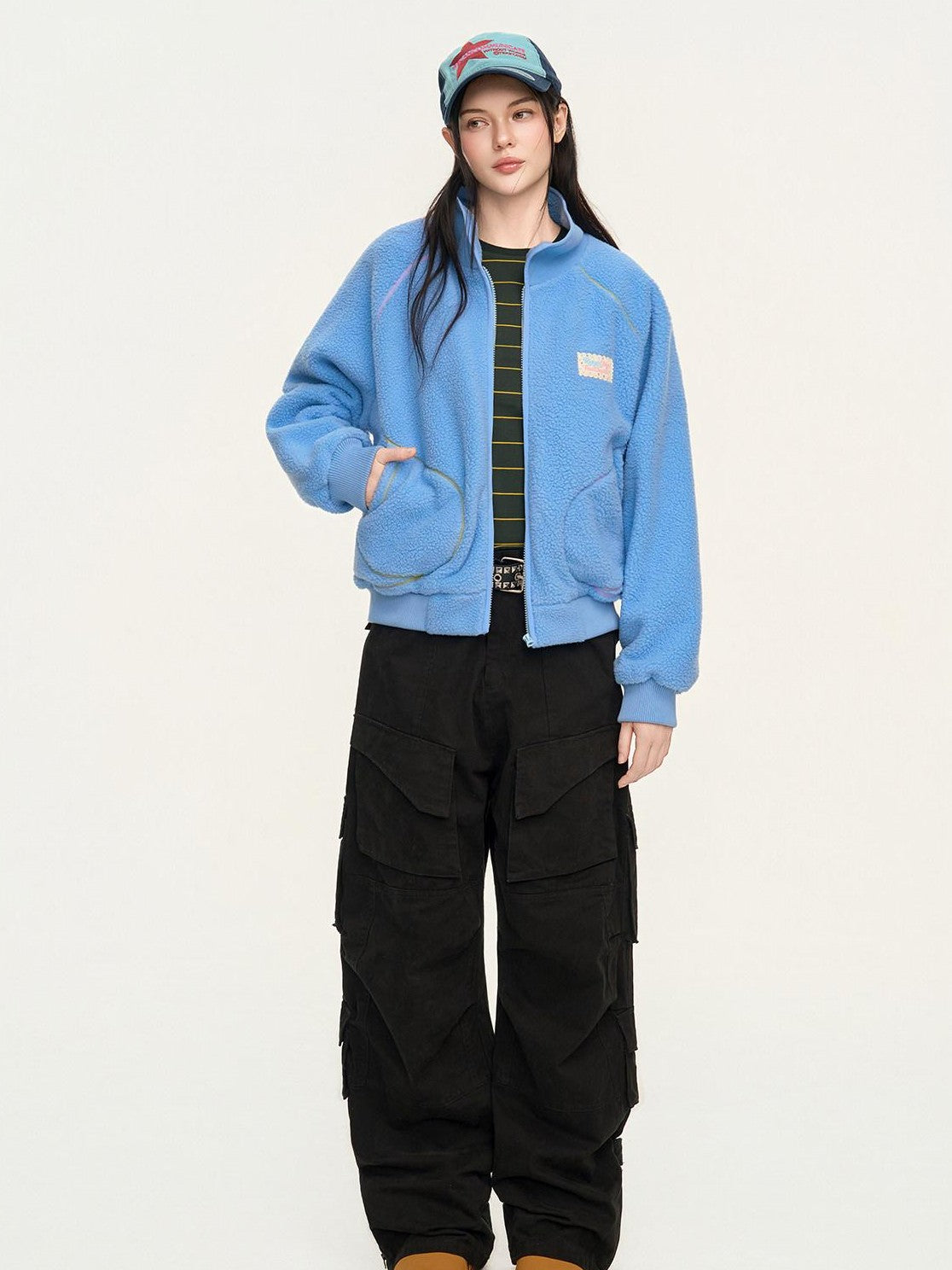 RickyisClown Contrast Topstitched Exposed Patch Pocket Zipper Men's Polyester Fleece Jackets