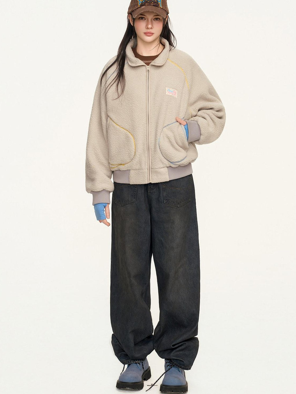 RickyisClown Contrast Topstitched Exposed Patch Pocket Zipper Men's Polyester Fleece Jackets