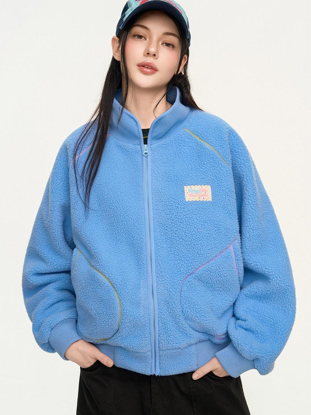 RickyisClown Contrast Topstitched Exposed Patch Pocket Zipper Men's Polyester Fleece Jackets