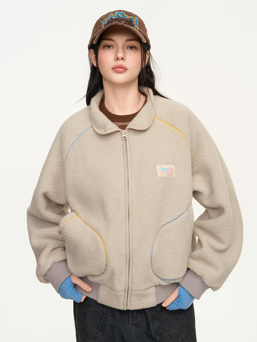 RickyisClown Contrast Topstitched Exposed Patch Pocket Zipper Men's Polyester Fleece Jackets