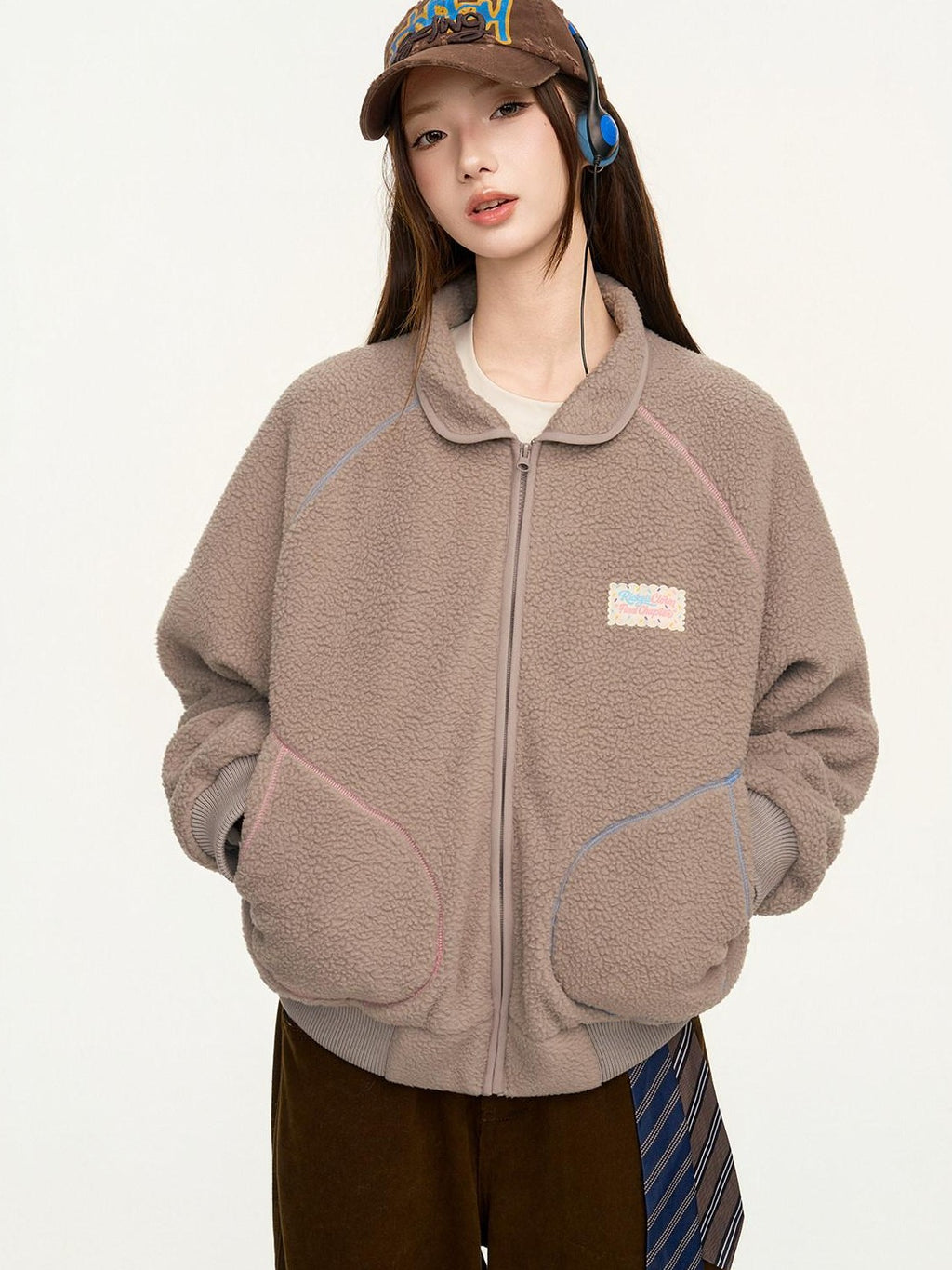 RickyisClown Contrast Topstitched Exposed Patch Pocket Zipper Men's Polyester Fleece Jackets