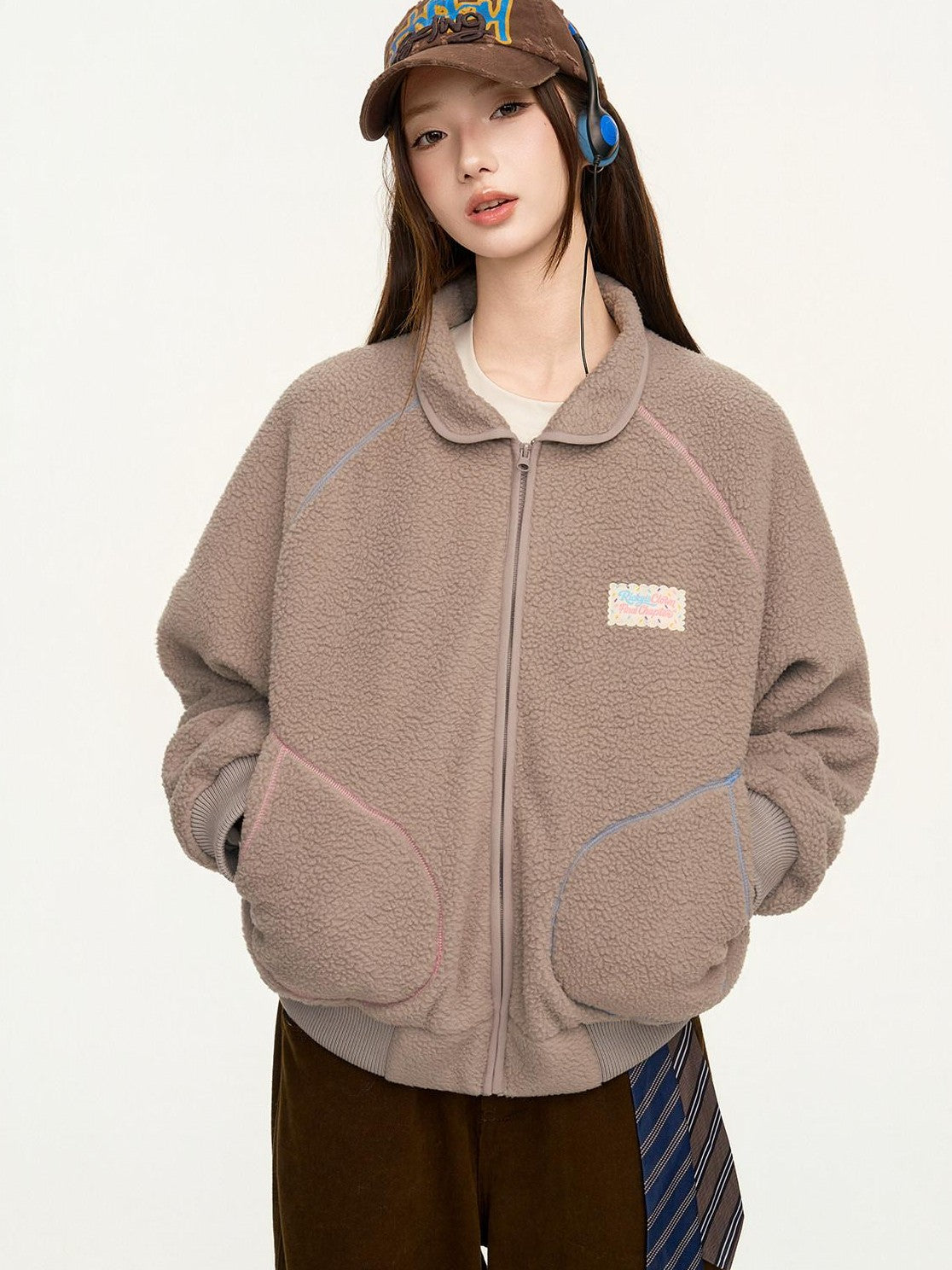 RickyisClown Contrast Topstitched Exposed Patch Pocket Zipper Men's Polyester Fleece Jackets