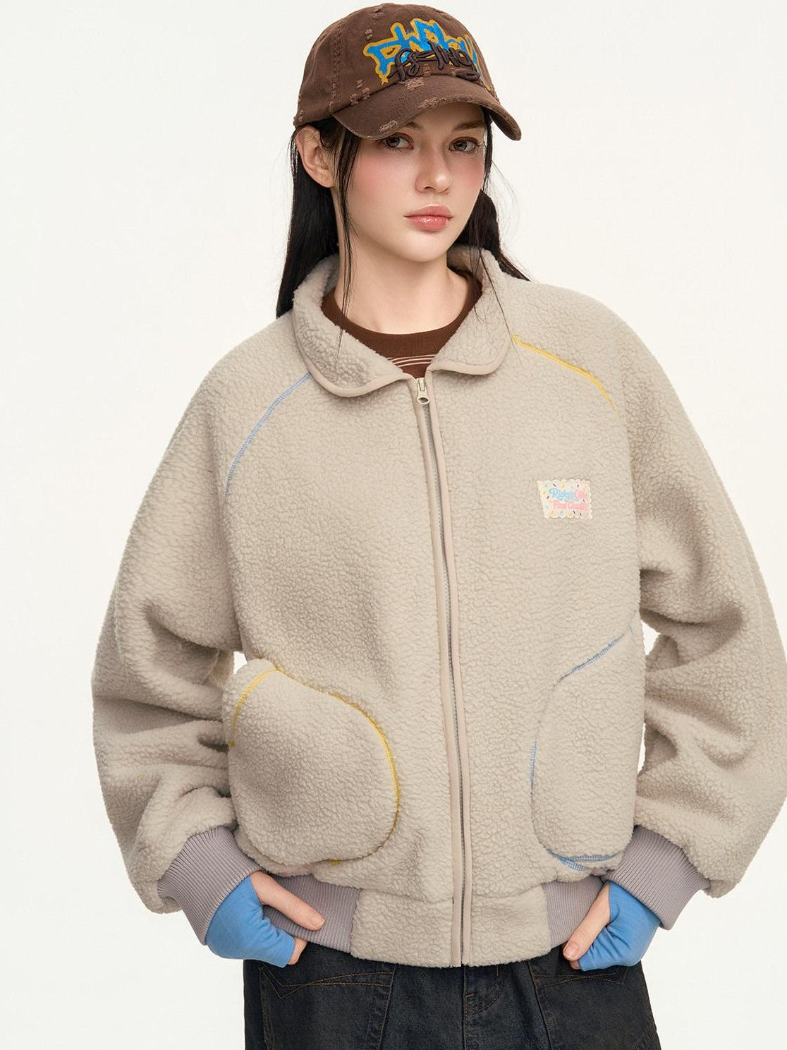 RickyisClown Contrast Topstitched Exposed Patch Pocket Zipper Men's Polyester Fleece Jackets