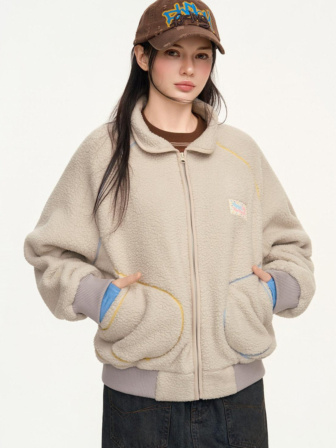 RickyisClown Contrast Topstitched Exposed Patch Pocket Zipper Men's Polyester Fleece Jackets
