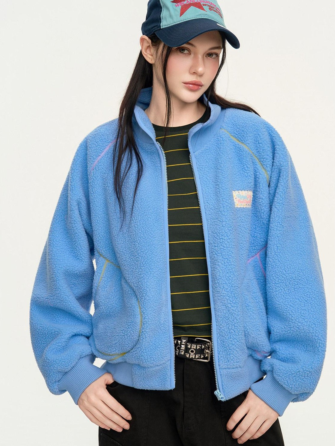 RickyisClown Contrast Topstitched Exposed Patch Pocket Zipper Men's Polyester Fleece Jackets