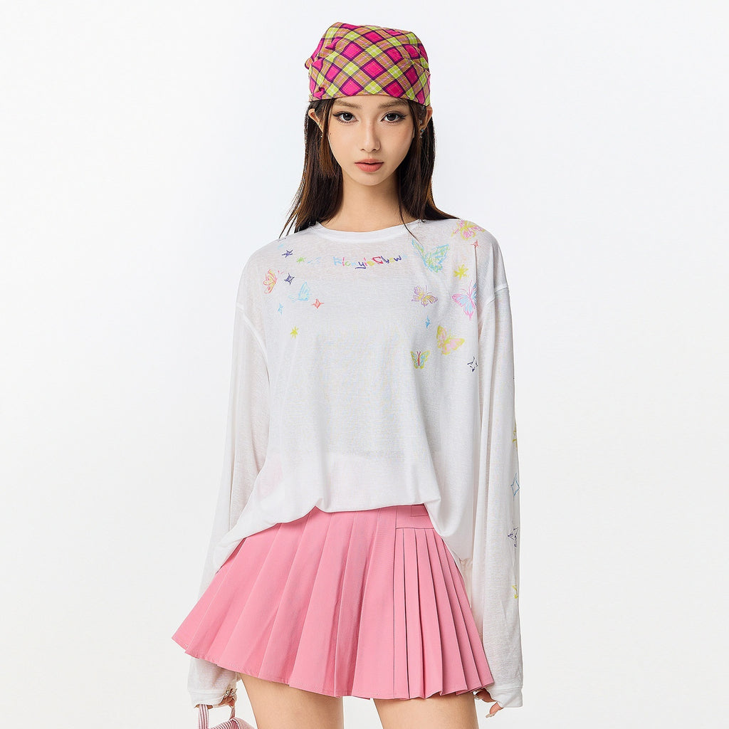 RickyisClown_Crayon_Butterfly_Print_Loose_Crew_Neck_Men's_Long_Sleeve_T-shirts_MISSTT