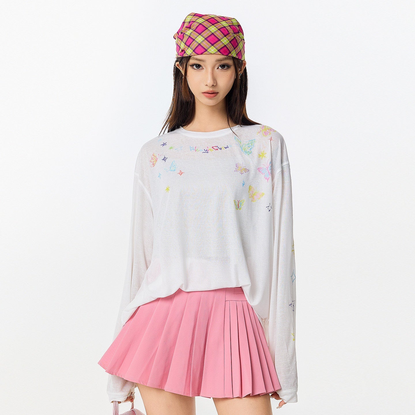 RickyisClown_Crayon_Butterfly_Print_Loose_Crew_Neck_Men's_Long_Sleeve_T-shirts_MISSTT