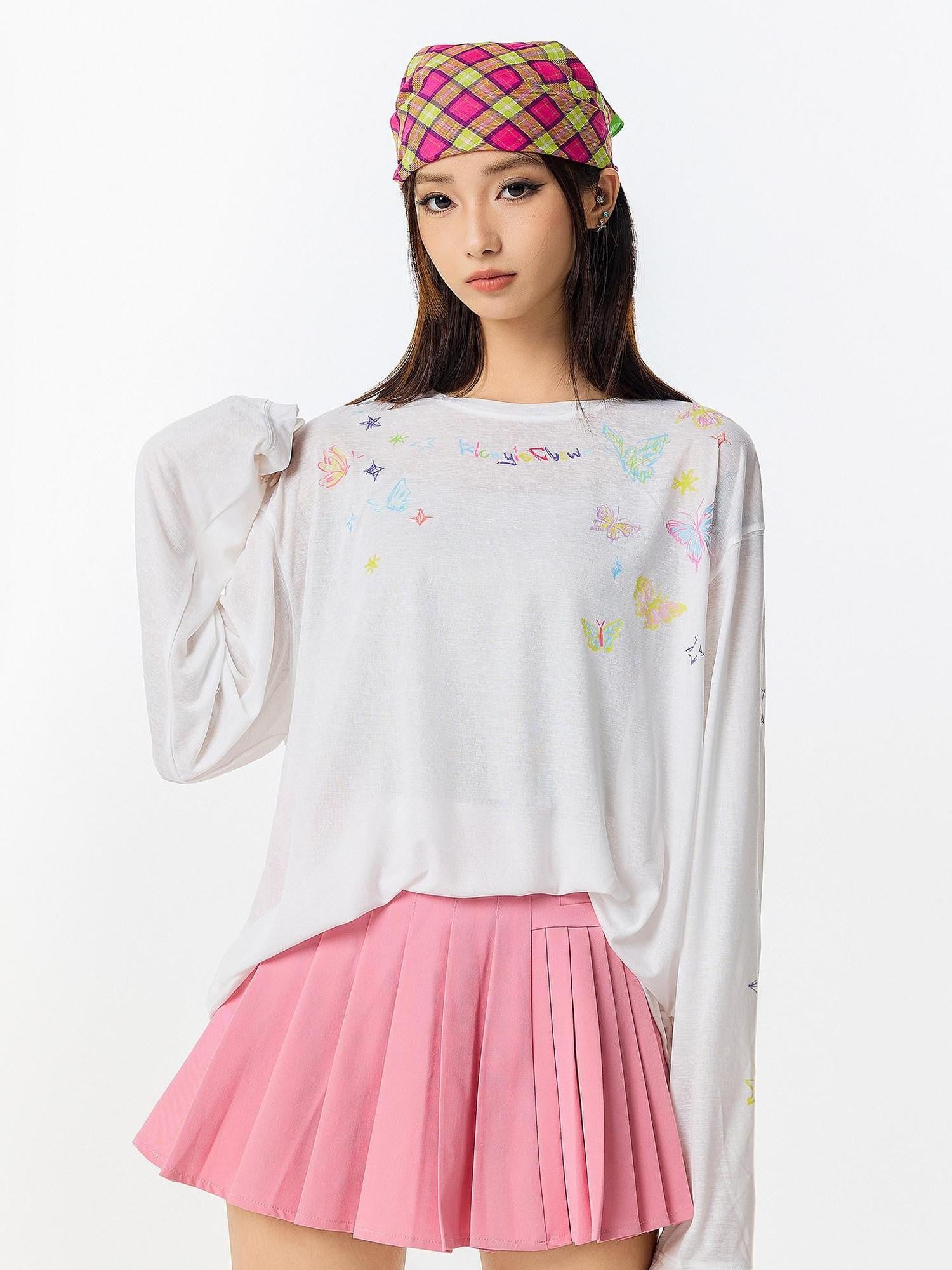 RickyisClown Crayon Butterfly Print Loose Crew Neck Men's Long Sleeve T-shirts