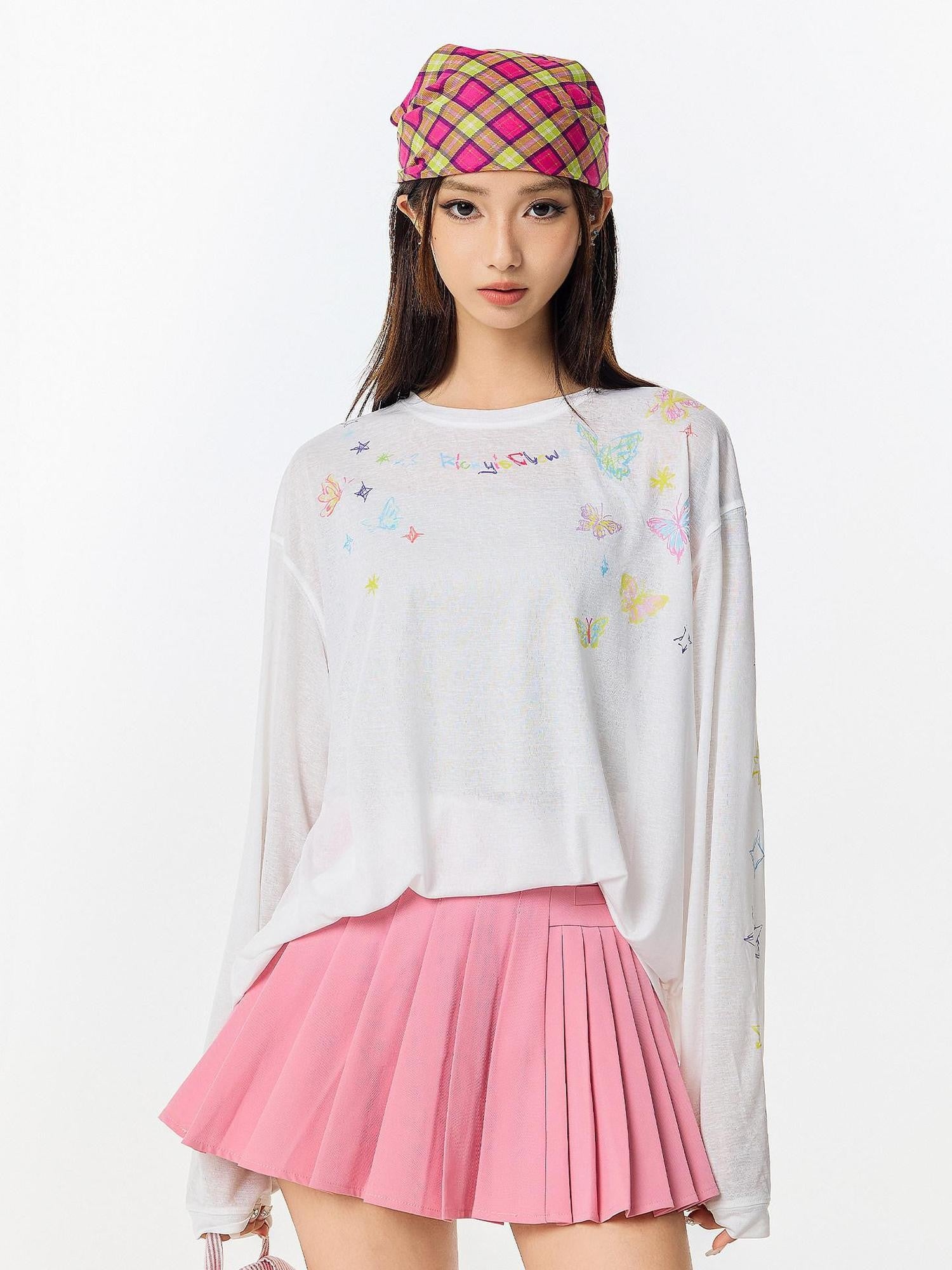RickyisClown Crayon Butterfly Print Loose Crew Neck Men's Long Sleeve T-shirts