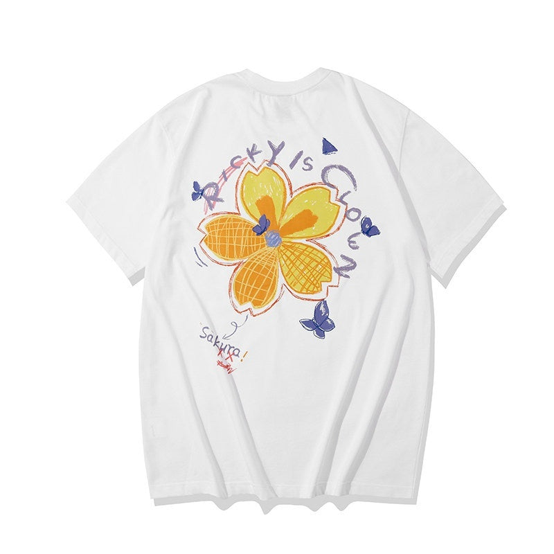 RickyisClown_Crayon_Cherry_Blossom_Print_Quick_Dry_Men's_Cotton_Blend_Short_Sleeve_T-shirts_MISSTT