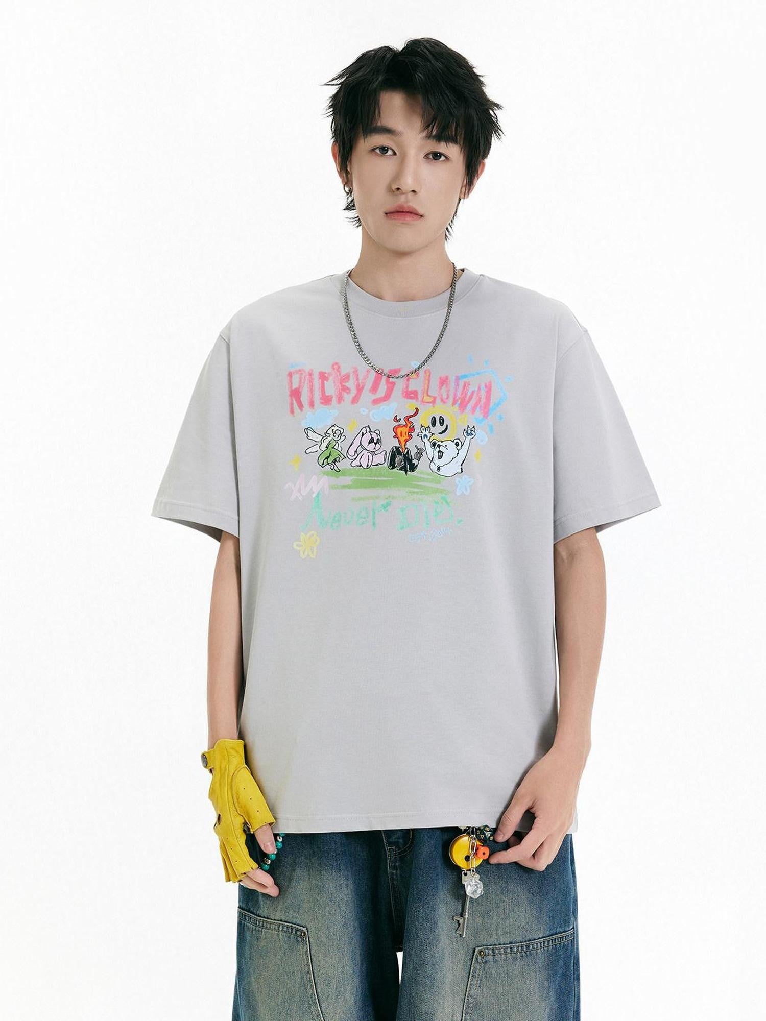 RickyisClown Creative Fun Print Loose Fit Men's Cotton Breathable Short Sleeve T Shirts