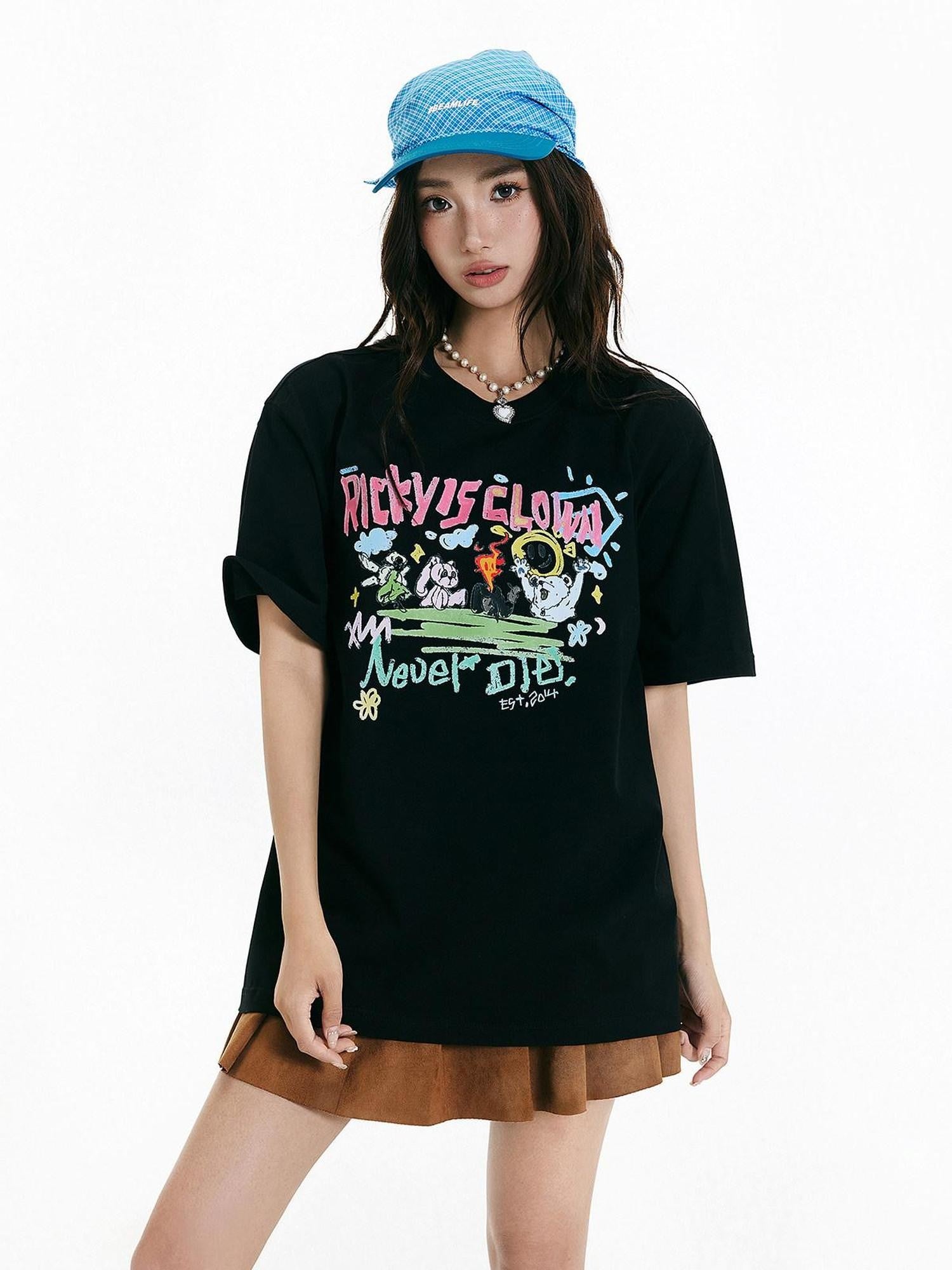 RickyisClown Creative Fun Print Loose Fit Men's Cotton Breathable Short Sleeve T Shirts