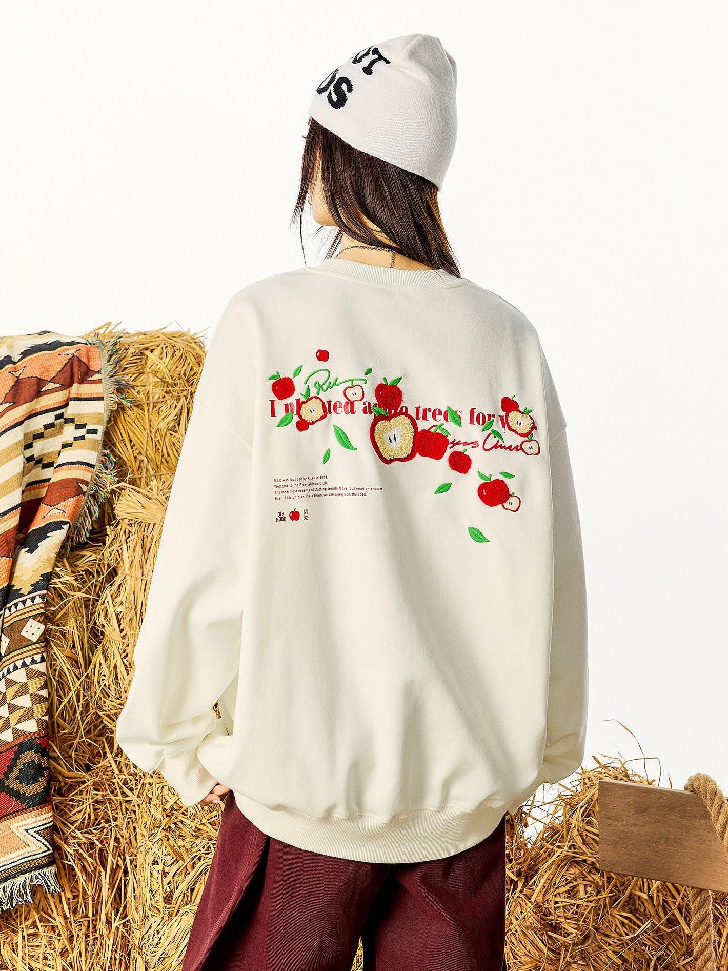 RickyisClown Cute Apple Graphic Print Design Detail Men's Crewneck Sweatshirts