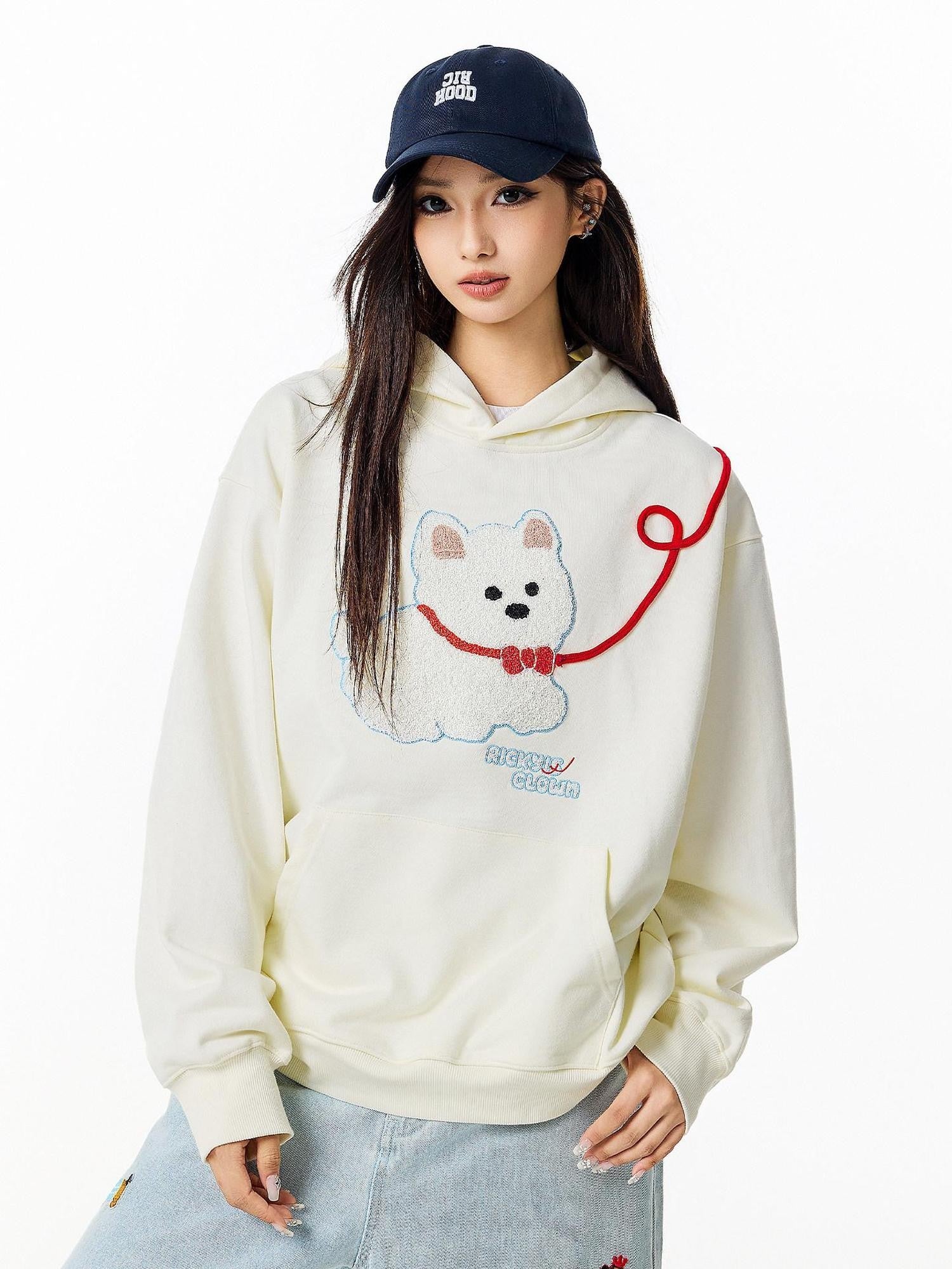 RickyisClown Cute Puppy Terry Embroidery Design Detail Men's Pullover Hoodies