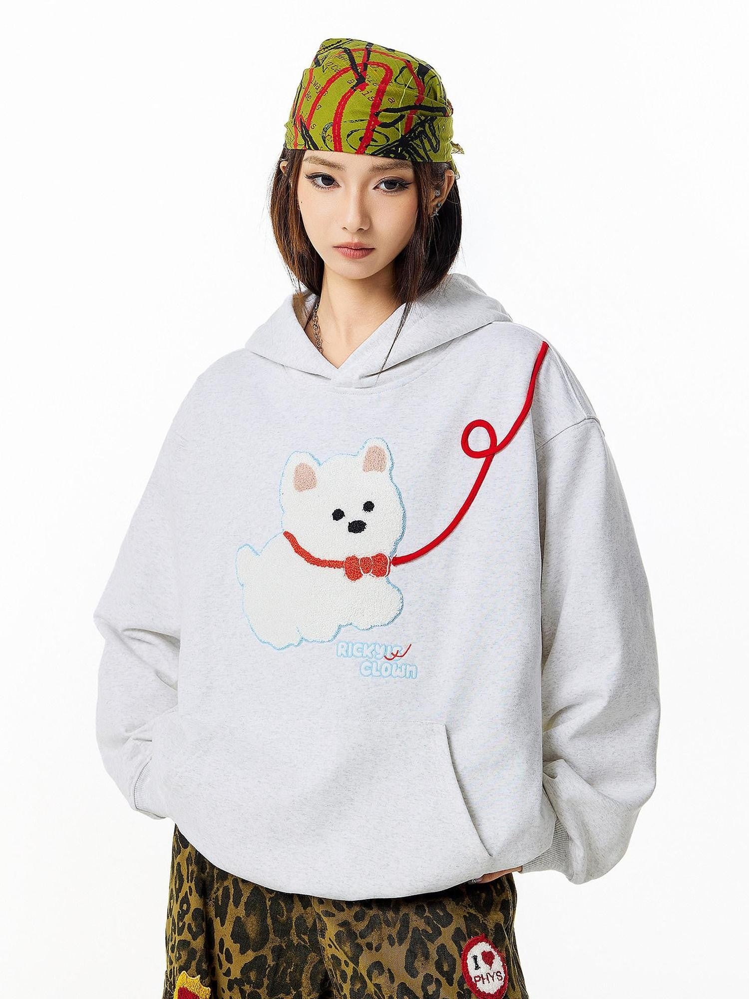 RickyisClown Cute Puppy Terry Embroidery Design Detail Men's Pullover Hoodies