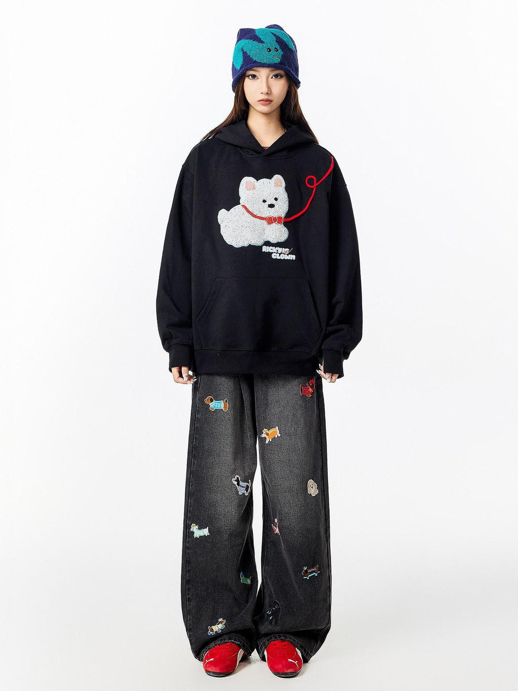 RickyisClown Cute Puppy Terry Embroidery Design Detail Men's Pullover Hoodies