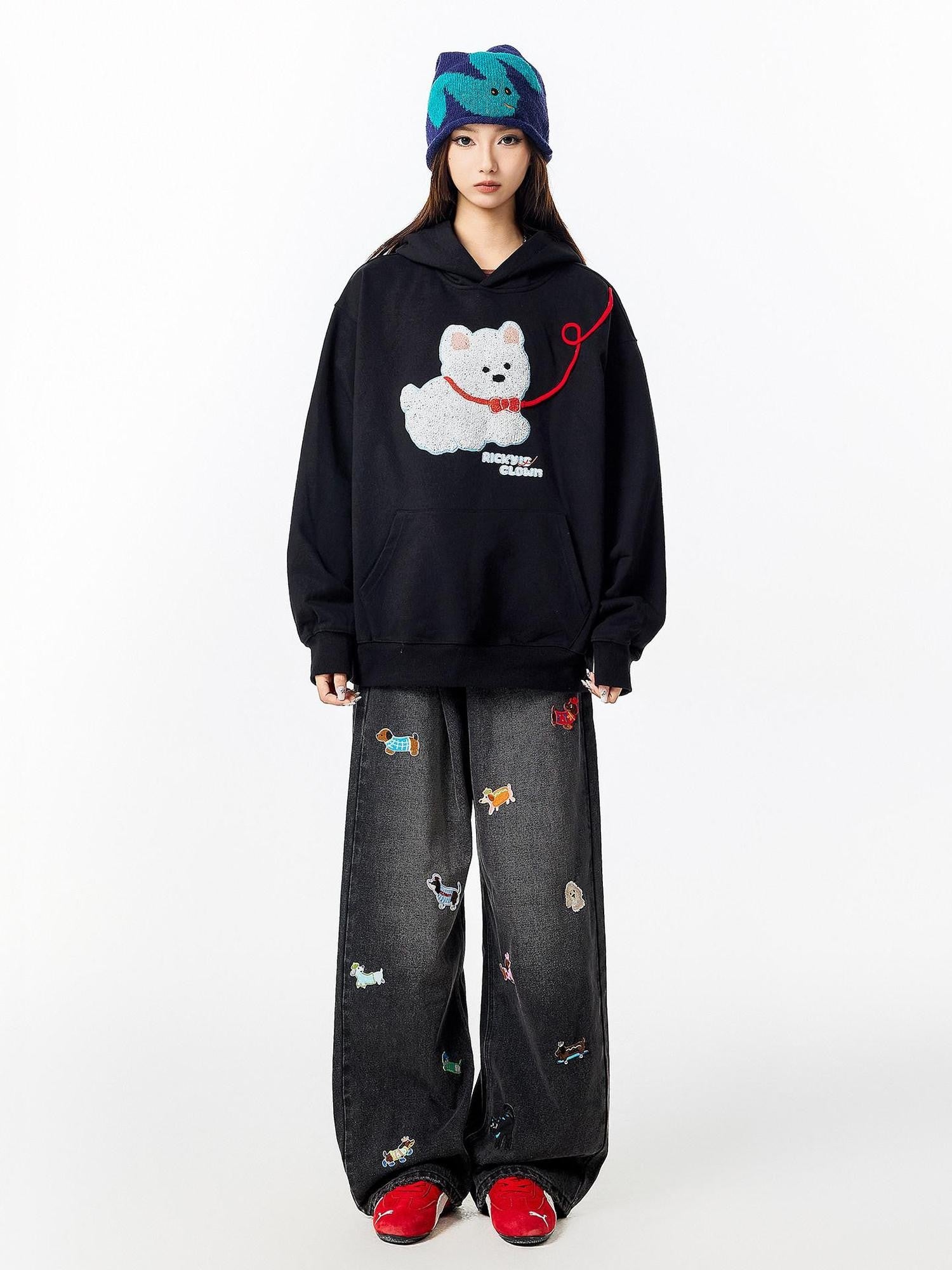 RickyisClown Cute Puppy Terry Embroidery Design Detail Men's Pullover Hoodies