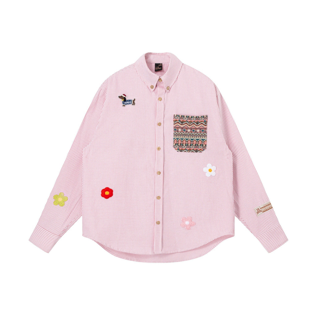 RickyisClown_Dachshund_Embroidered_Ethnic_Floral_Men's_Cotton_Blend_Striped_Shirts_MISSTT