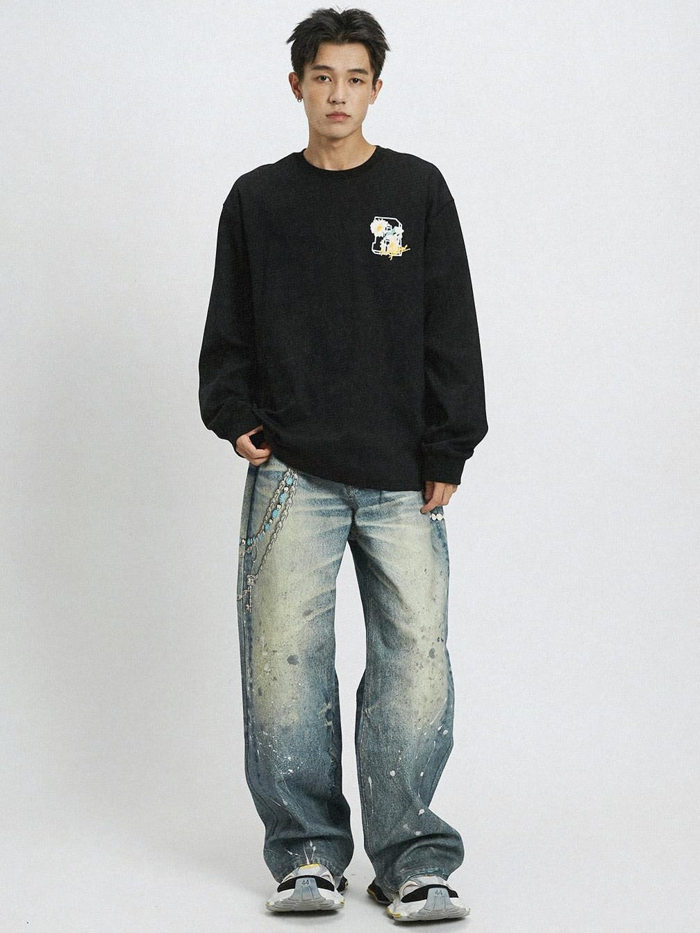 RickyisClown Daisy Embroidered Crew Neck Loose Fit Men's Cotton Blend Long Sleeve T-shirts